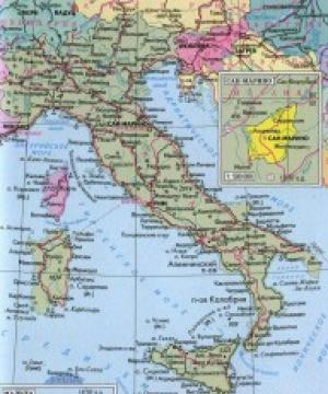 Olaszország részletes térképe oroszul városokkal és üdülőhelyekkel